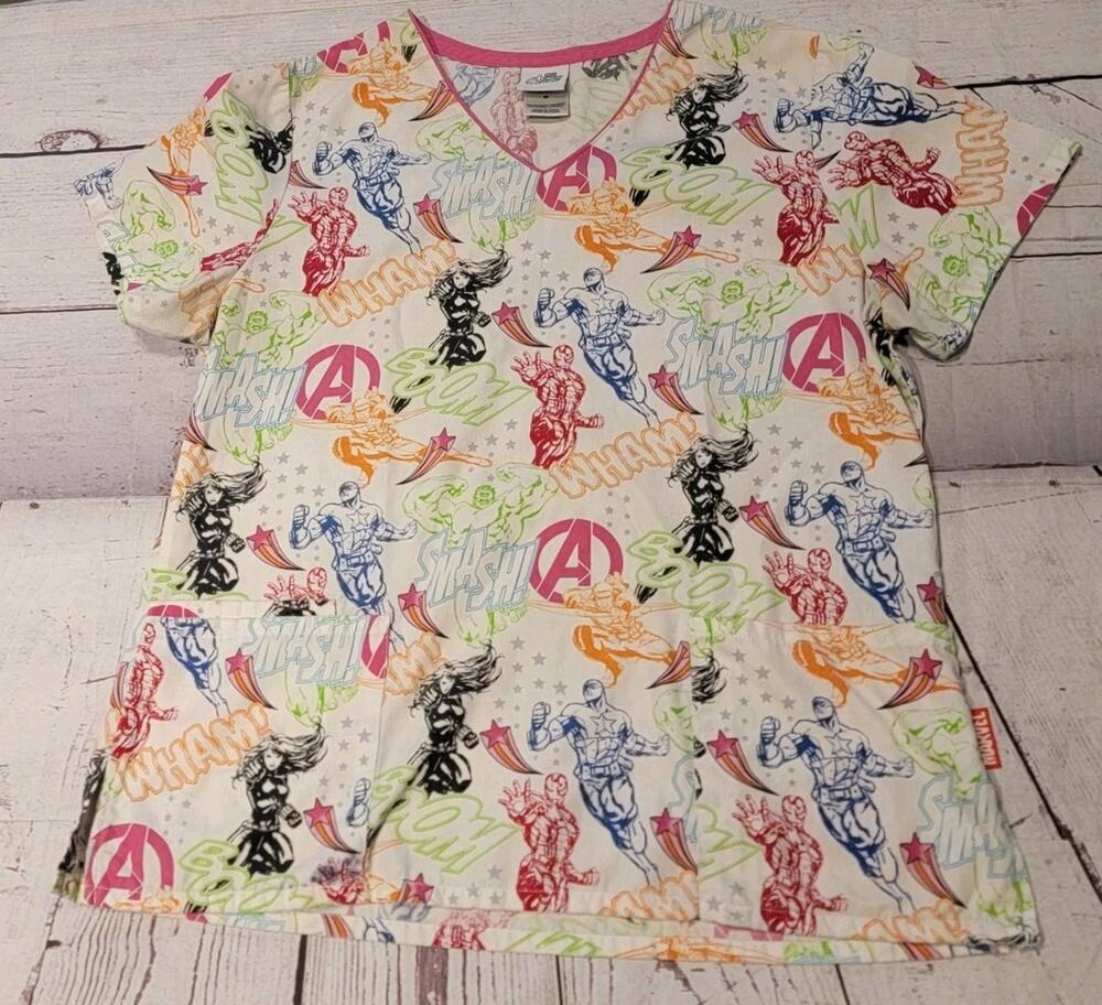 Marvel Avengers Assemble V Neck 3 Pocket White Scrub Top Women's Medium Read